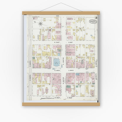 Old map wall art mockup — magnetic wood frame on white wall — Sanborn Fire Insurance Map from Marion, Marion County, Ohio (1888), Sheet #0003