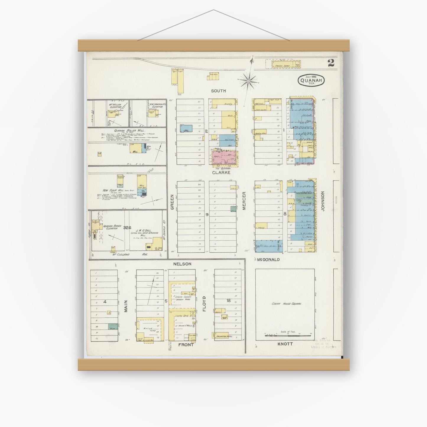 Old map wall art mockup — magnetic wood frame on white wall — Sanborn Fire Insurance Map from Quanah, Hardeman County, Texas (1892), Sheet #0002