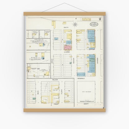 Old map wall art mockup — magnetic wood frame on white wall — Sanborn Fire Insurance Map from Quanah, Hardeman County, Texas (1892), Sheet #0002