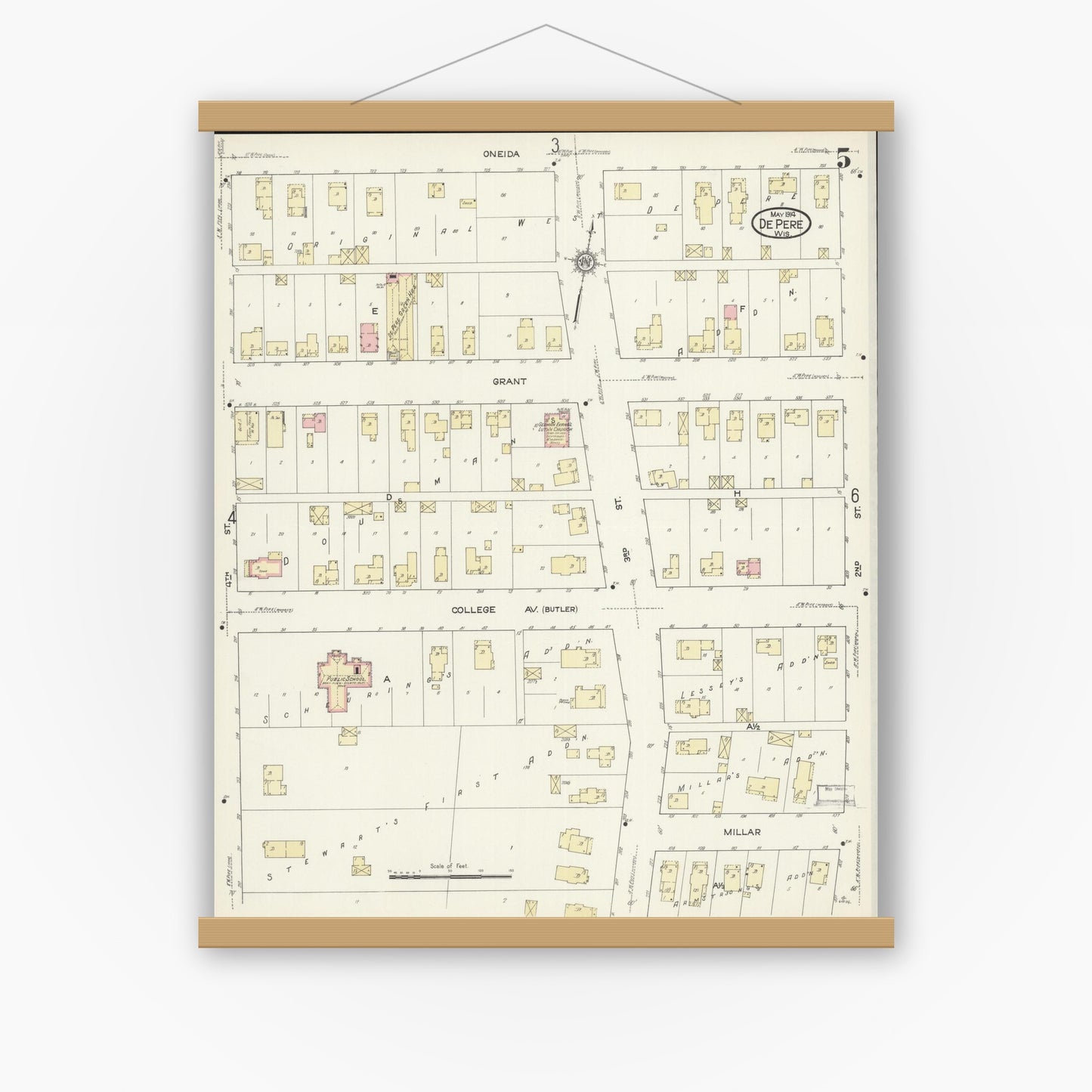 Old map wall art mockup — magnetic wood frame on white wall — Sanborn Fire Insurance Map from De Pere, Brown County, Wisconsin (1914), Sheet #0005