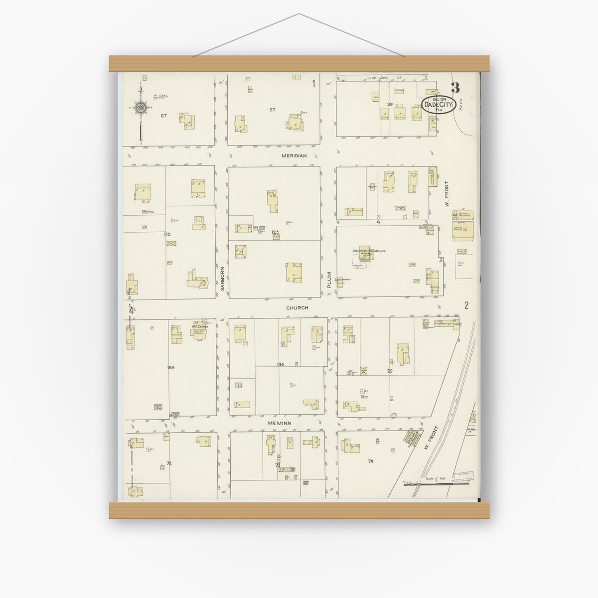 Old map wall art mockup — magnetic wood frame on white wall — Sanborn Fire Insurance Map from Dade City, Pasco County, Florida (1914), Sheet #0003