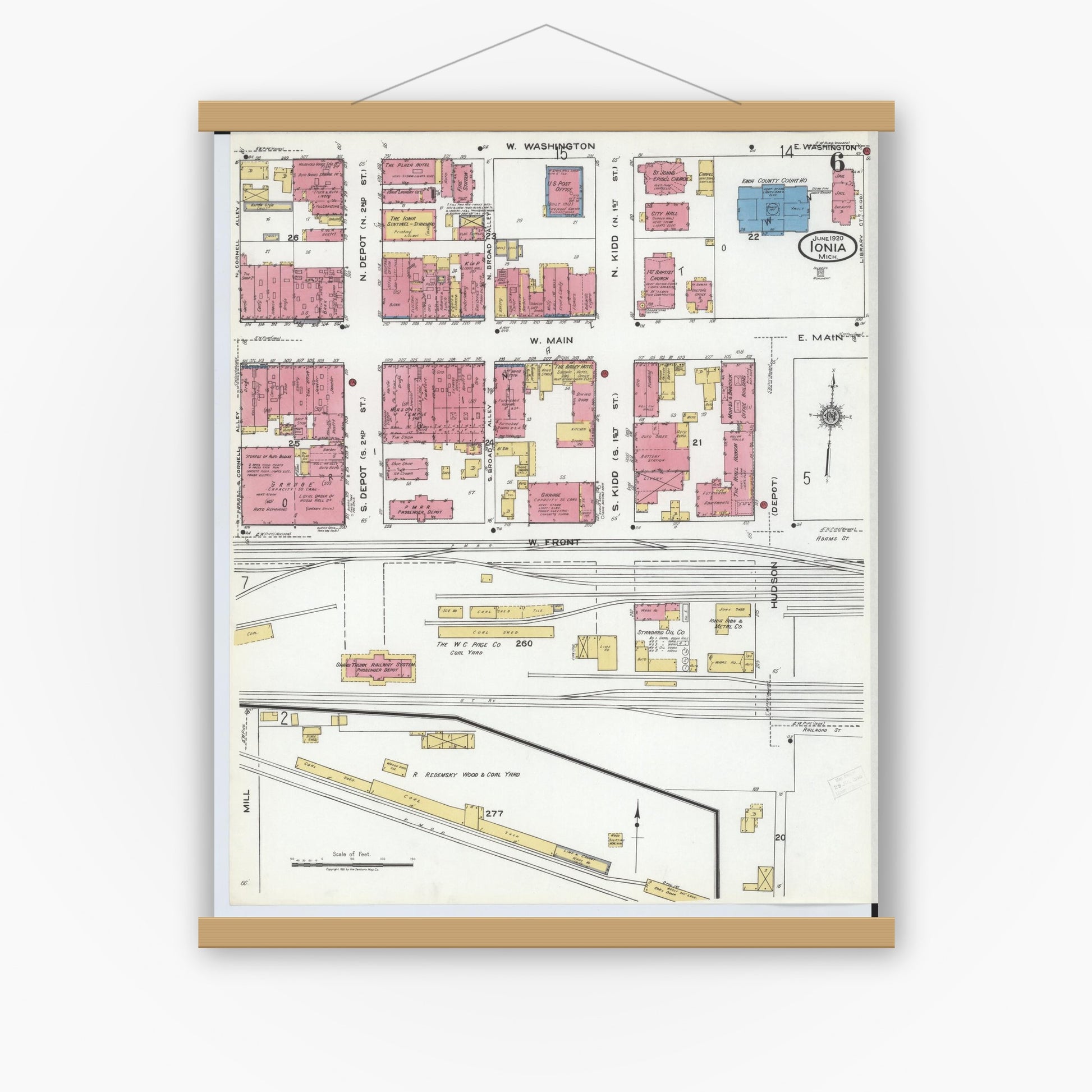 Old map wall art mockup — magnetic wood frame on white wall — Sanborn Fire Insurance Map from Ionia, Ionia County, Michigan (1920), Sheet #0006