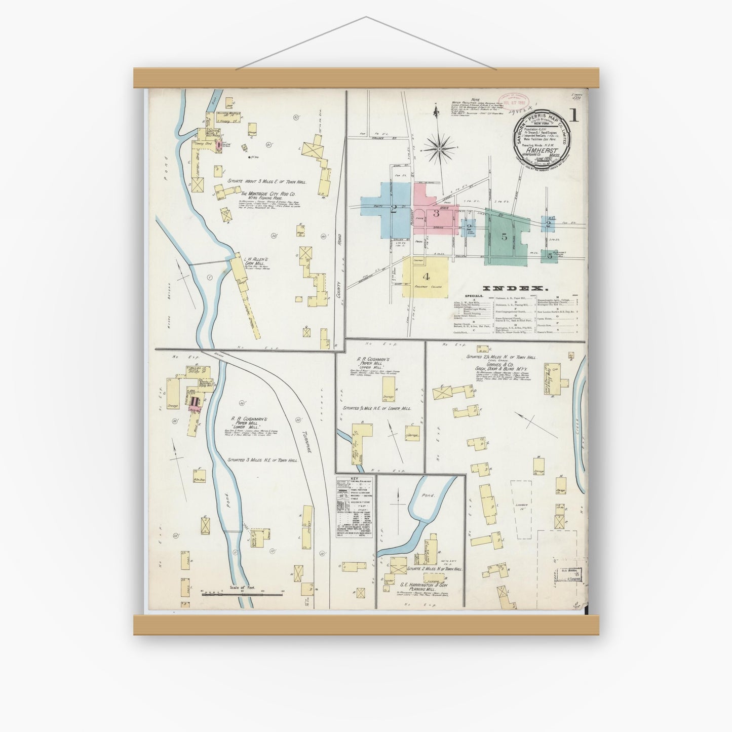 Old map wall art mockup — magnetic wood frame on white wall — Sanborn Fire Insurance Map from Amherst, Hampshire County, Massachusetts (1892) - Complete Map Set