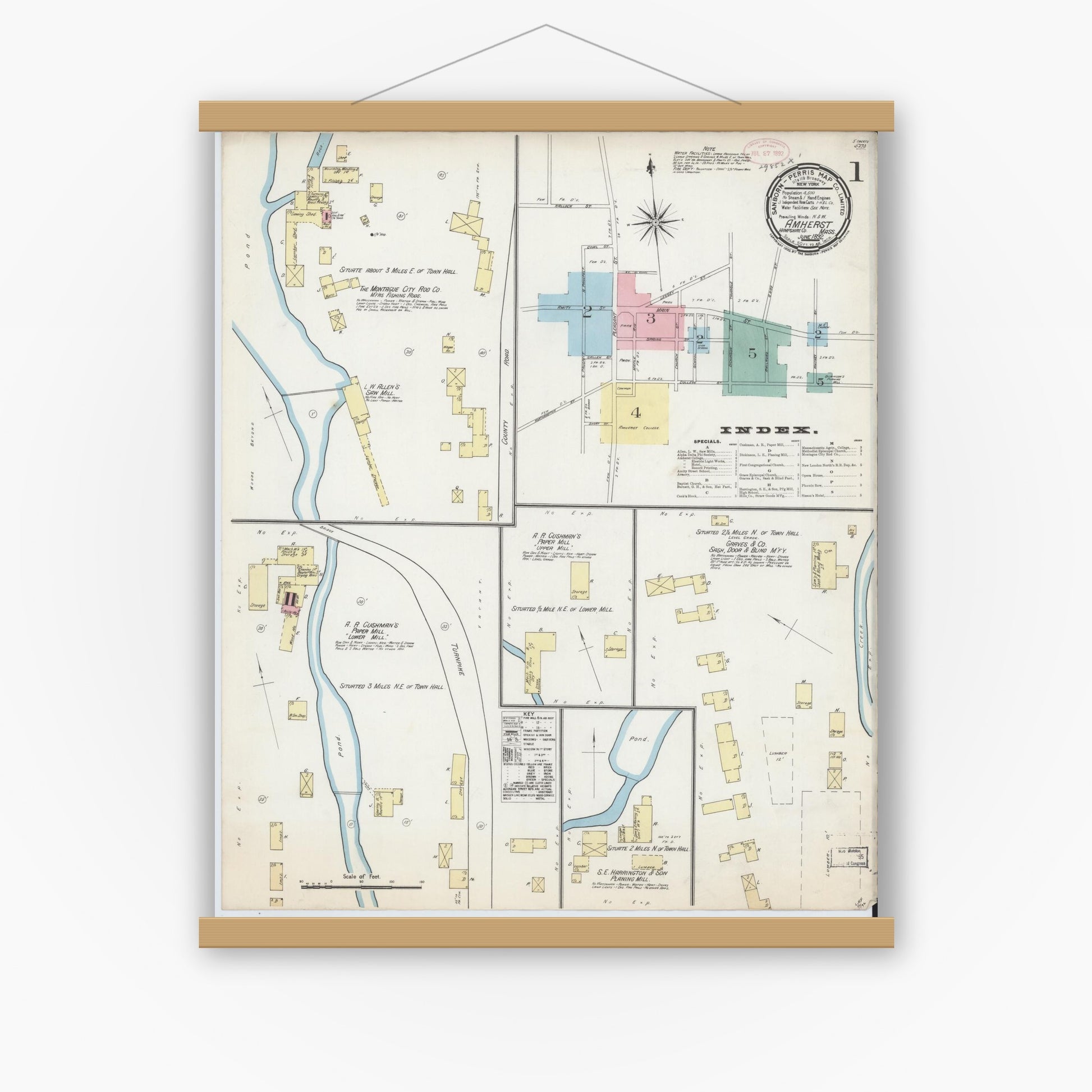 Old map wall art mockup — magnetic wood frame on white wall — Sanborn Fire Insurance Map from Amherst, Hampshire County, Massachusetts (1892) - Complete Map Set