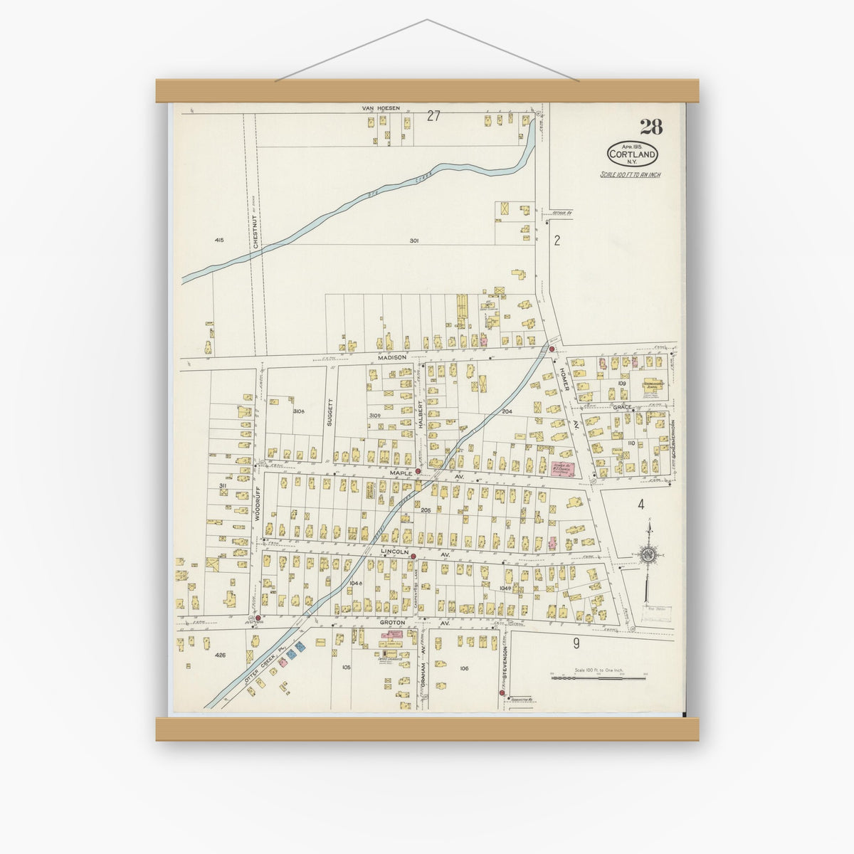 Old map wall art mockup — magnetic wood frame on white wall — Sanborn Fire Insurance Map from Cortland, Cortland County, New York (1915), Sheet #0028