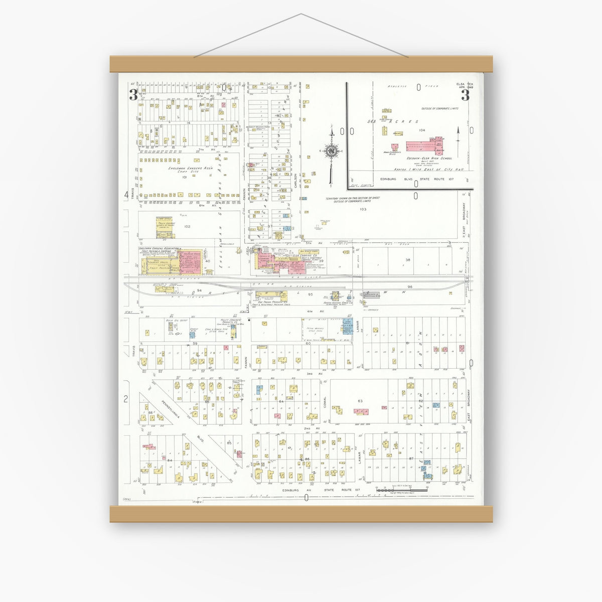 Old map wall art mockup — magnetic wood frame on white wall — Sanborn Fire Insurance Map from Elsa, Hidalgo County, Texas (1949), Sheet #0003