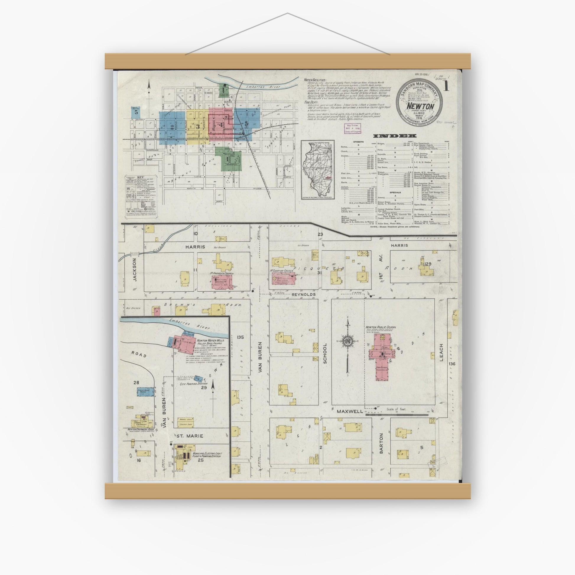 Old map wall art mockup — magnetic wood frame on white wall — Sanborn Fire Insurance Map from Newton, Jasper County, Illinois (1916), Sheet #0001