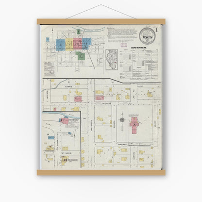 Old map wall art mockup — magnetic wood frame on white wall — Sanborn Fire Insurance Map from Newton, Jasper County, Illinois (1916), Sheet #0001