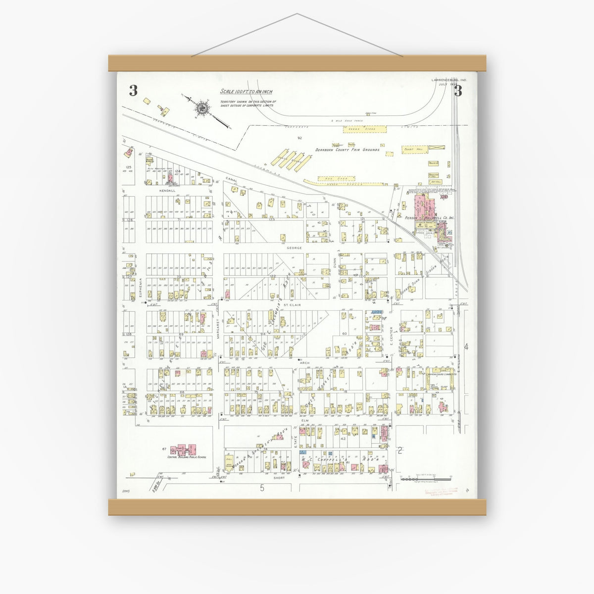 Old map wall art mockup — magnetic wood frame on white wall — Sanborn Fire Insurance Map from Lawrenceburg, Dearborn County, Indiana (1939), Sheet #0003