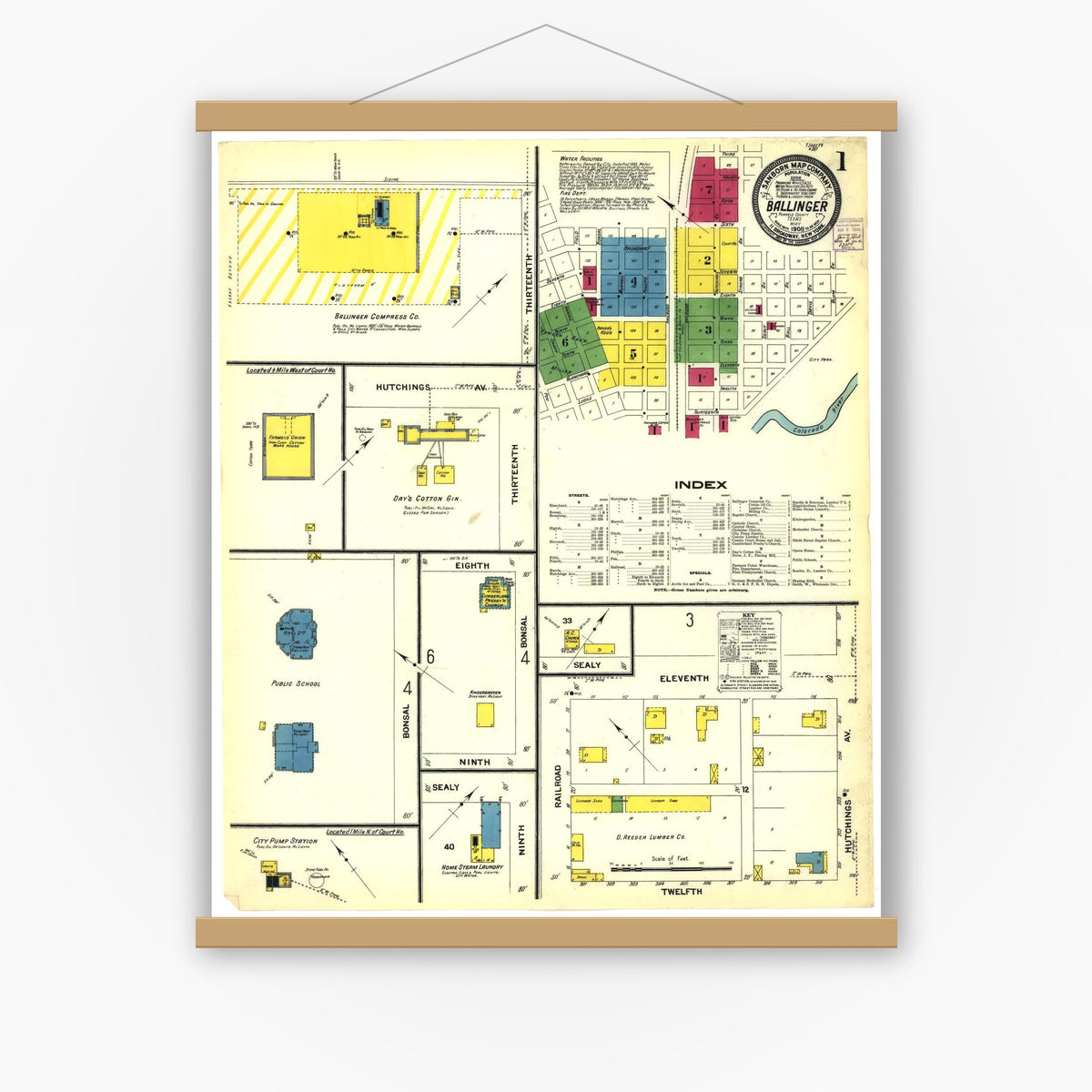 Old map wall art mockup — magnetic wood frame on white wall — Sanborn Fire Insurance Map from Ballinger, Runnels County, Texas (1908), Sheet #0001