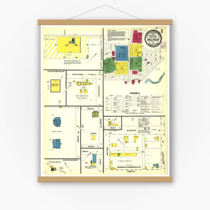 Old map wall art mockup — magnetic wood frame on white wall — Sanborn Fire Insurance Map from Ballinger, Runnels County, Texas (1908), Sheet #0001