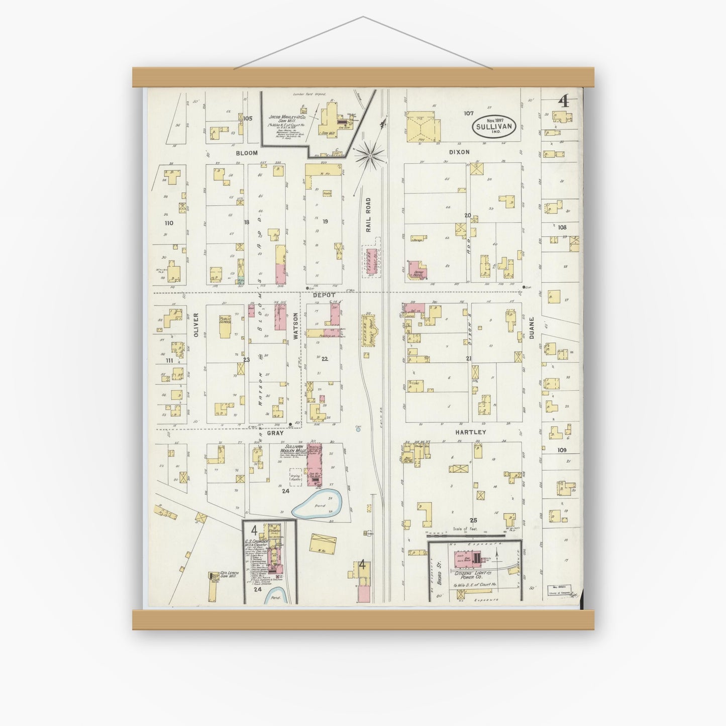 Old map wall art mockup — magnetic wood frame on white wall — Sanborn Fire Insurance Map from Sullivan, Sullivan County, Indiana (1897), Sheet #0004
