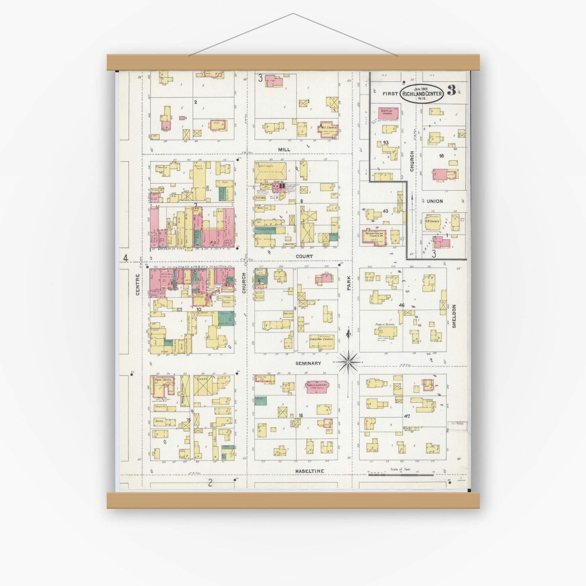 Old map wall art mockup — magnetic wood frame on white wall — Sanborn Fire Insurance Map from Richland Center, Richland County, Wisconsin (1905), Sheet #0003