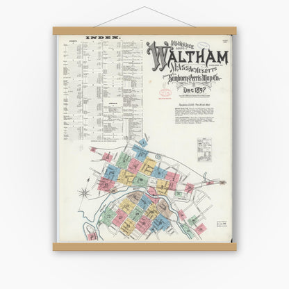 Old map wall art mockup — magnetic wood frame on white wall — Sanborn Fire Insurance Map from Waltham, Middlesex County, Massachusetts (1897), Sheet #0001