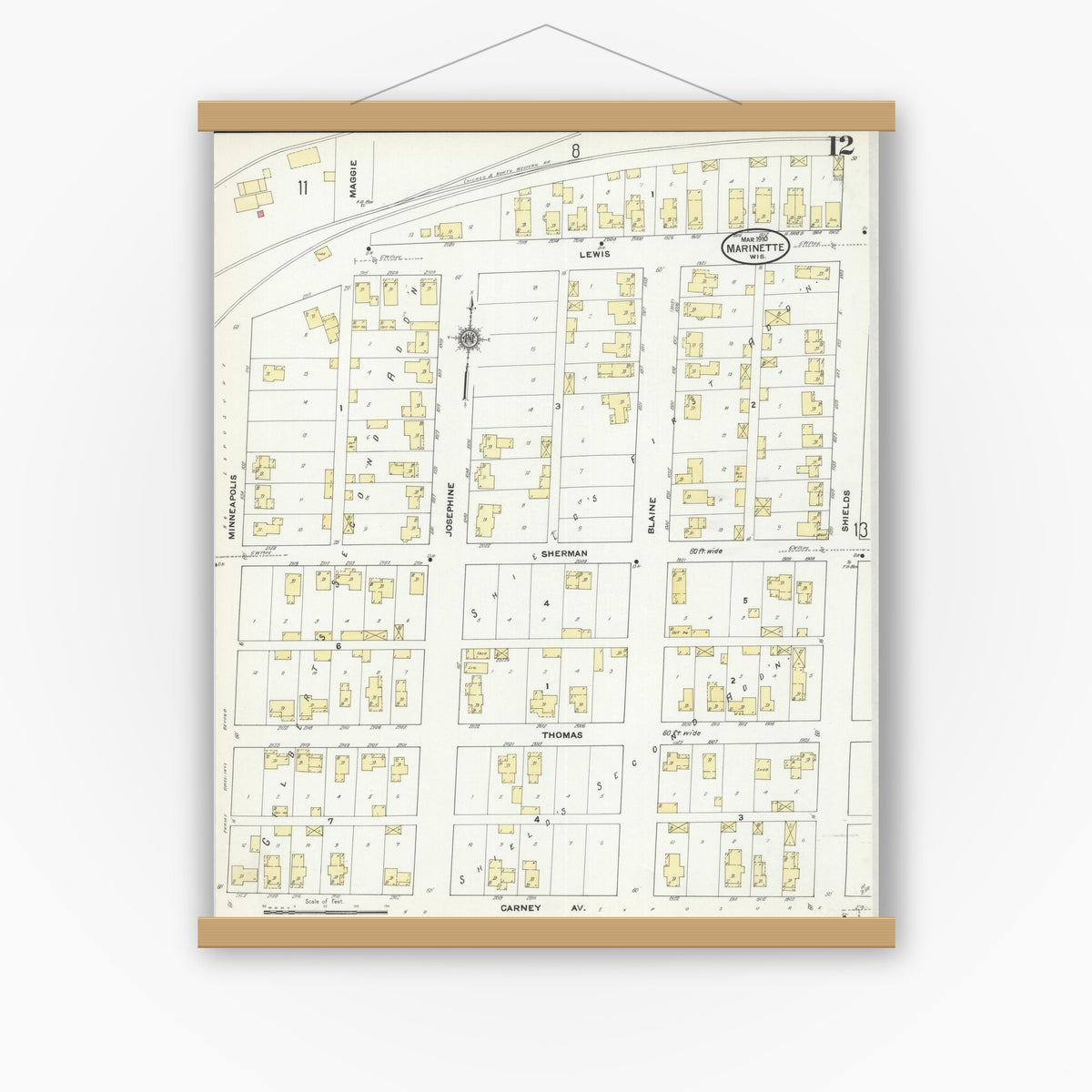 Old map wall art mockup — magnetic wood frame on white wall — Sanborn Fire Insurance Map from Marinette, Marinette County, Wisconsin (1910), Sheet #0012