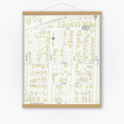 Old map wall art mockup — magnetic wood frame on white wall — Sanborn Fire Insurance Map from Marinette, Marinette County, Wisconsin (1910), Sheet #0012