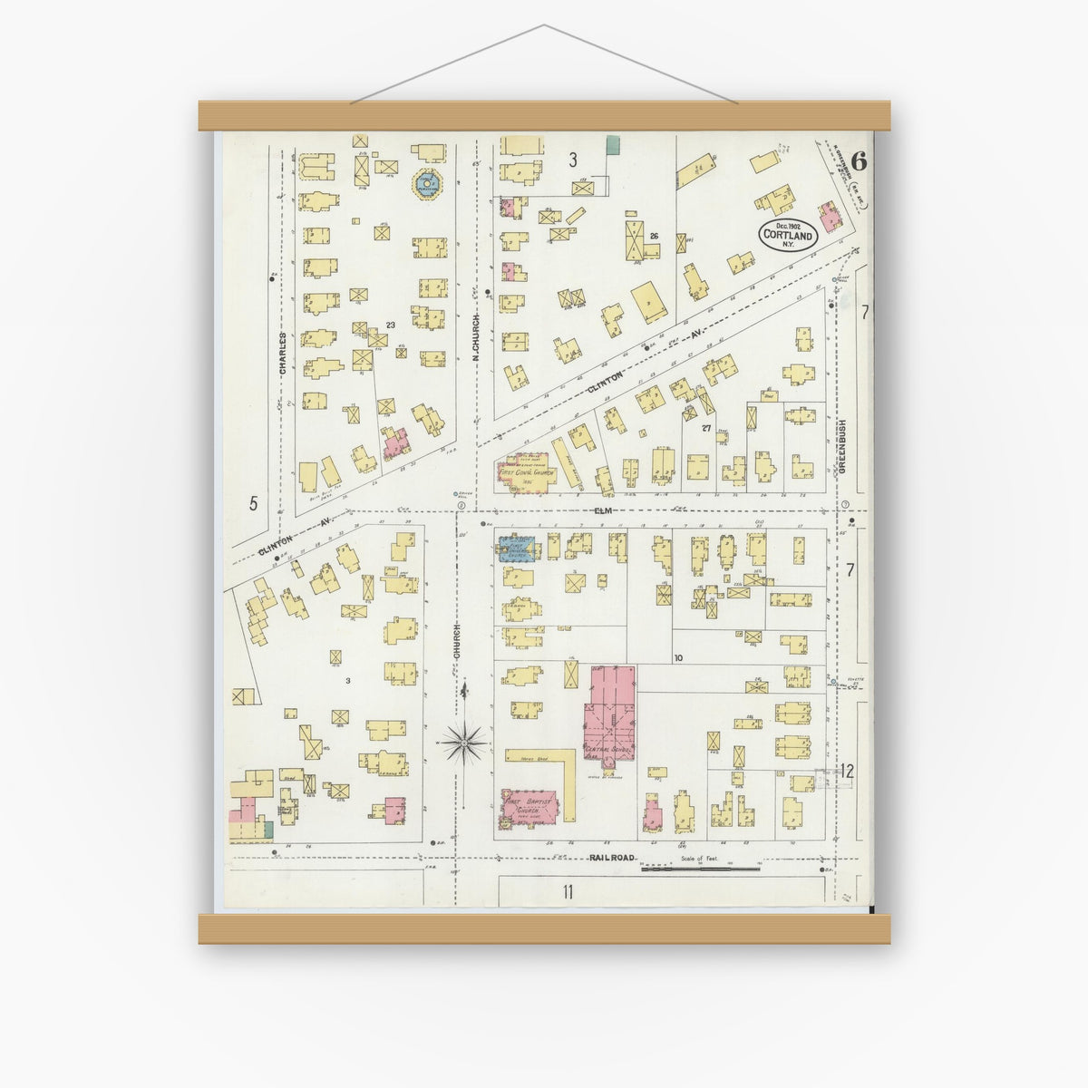 Old map wall art mockup — magnetic wood frame on white wall — Sanborn Fire Insurance Map from Cortland, Cortland County, New York (1902), Sheet #0006