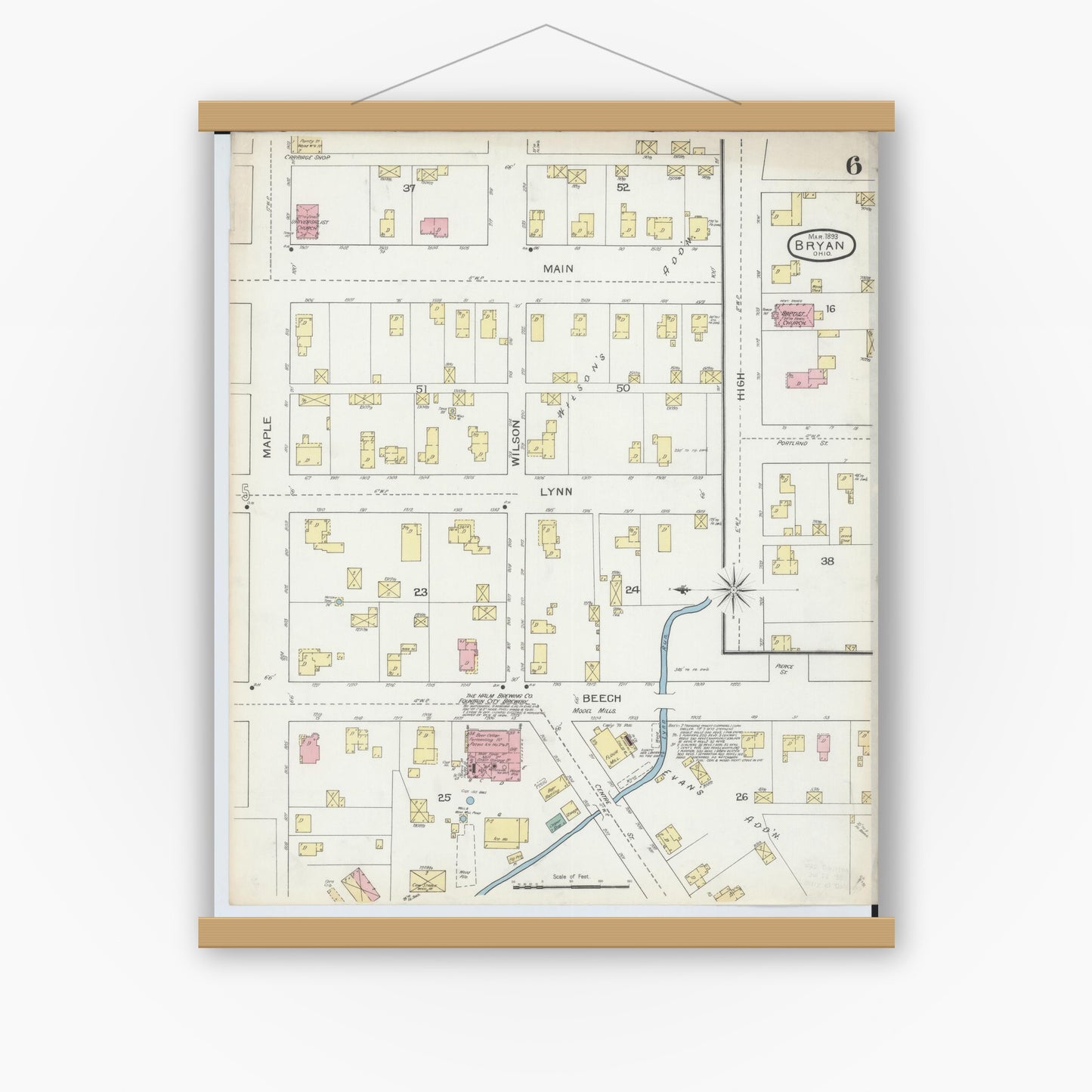 Old map wall art mockup — magnetic wood frame on white wall — Sanborn Fire Insurance Map from Bryan, Williams County, Ohio (1893), Sheet #0006