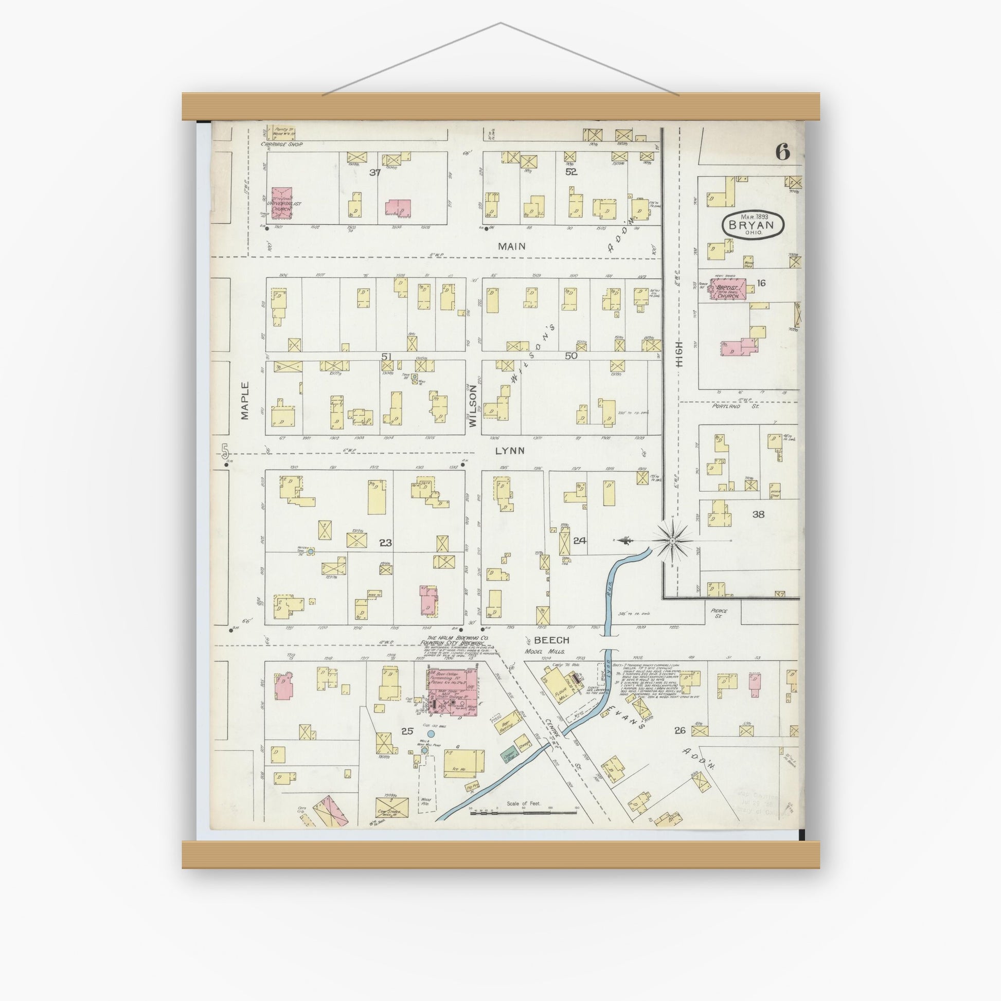 Old map wall art mockup — magnetic wood frame on white wall — Sanborn Fire Insurance Map from Bryan, Williams County, Ohio (1893), Sheet #0006