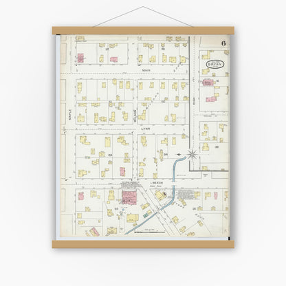 Old map wall art mockup — magnetic wood frame on white wall — Sanborn Fire Insurance Map from Bryan, Williams County, Ohio (1893), Sheet #0006