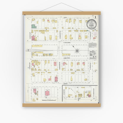 Old map wall art mockup — magnetic wood frame on white wall — Sanborn Fire Insurance Map from Lena, Stephenson County, Illinois (1904) - Complete Map Set
