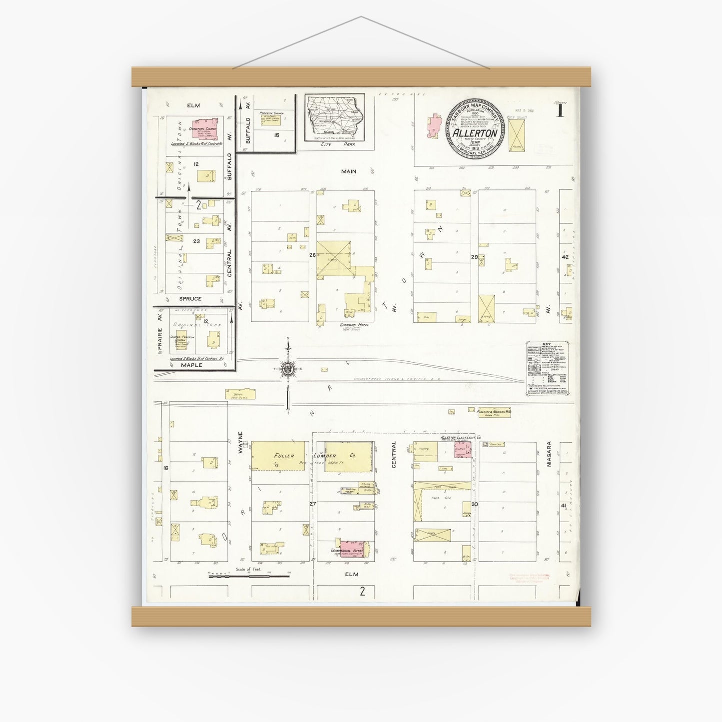 Old map wall art mockup — magnetic wood frame on white wall — Sanborn Fire Insurance Map from Allerton, Wayne County, Iowa (1913), Sheet #0001