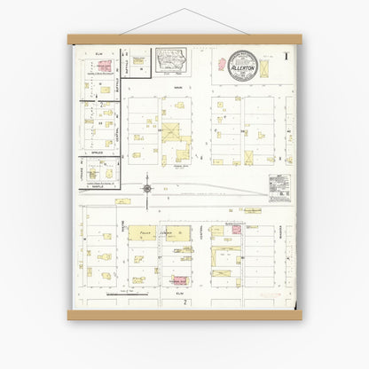 Old map wall art mockup — magnetic wood frame on white wall — Sanborn Fire Insurance Map from Allerton, Wayne County, Iowa (1913), Sheet #0001