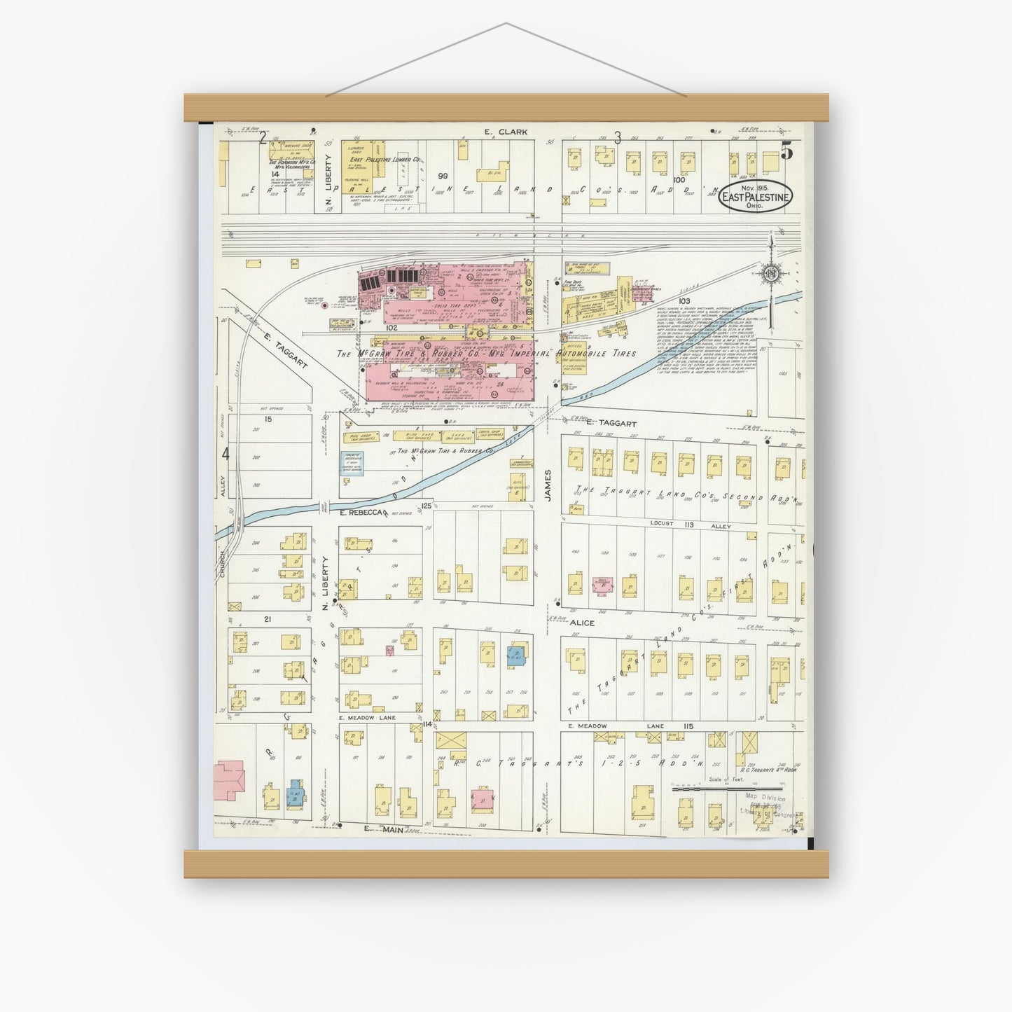 Old map wall art mockup — magnetic wood frame on white wall — Sanborn Fire Insurance Map from East Palestine, Columbiana County, Ohio (1915), Sheet #0005
