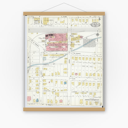 Old map wall art mockup — magnetic wood frame on white wall — Sanborn Fire Insurance Map from East Palestine, Columbiana County, Ohio (1915), Sheet #0005