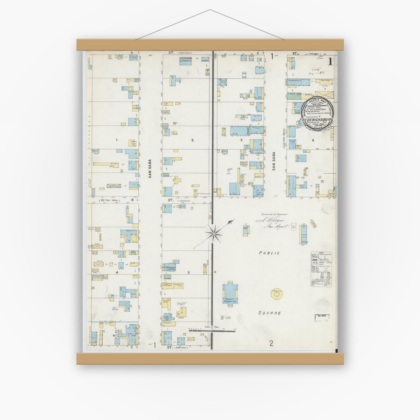 Old map wall art mockup — magnetic wood frame on white wall — Sanborn Fire Insurance Map from Fredericksburg, Gillespie County, Texas (1896) - Complete Map Set