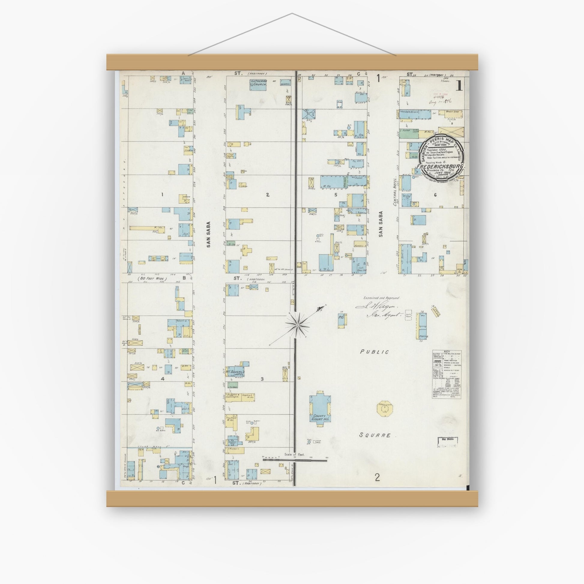 Old map wall art mockup — magnetic wood frame on white wall — Sanborn Fire Insurance Map from Fredericksburg, Gillespie County, Texas (1896) - Complete Map Set