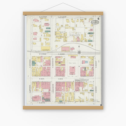 Old map wall art mockup — magnetic wood frame on white wall — Sanborn Fire Insurance Map from Van Wert, Van Wert County, Ohio (1895), Sheet #0004