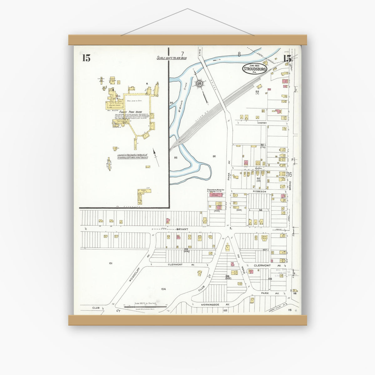 Old map wall art mockup — magnetic wood frame on white wall — Sanborn Fire Insurance Map from Stroudsburg, Monroe County, Pennsylvania (1923), Sheet #0015