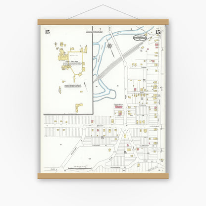 Old map wall art mockup — magnetic wood frame on white wall — Sanborn Fire Insurance Map from Stroudsburg, Monroe County, Pennsylvania (1923), Sheet #0015