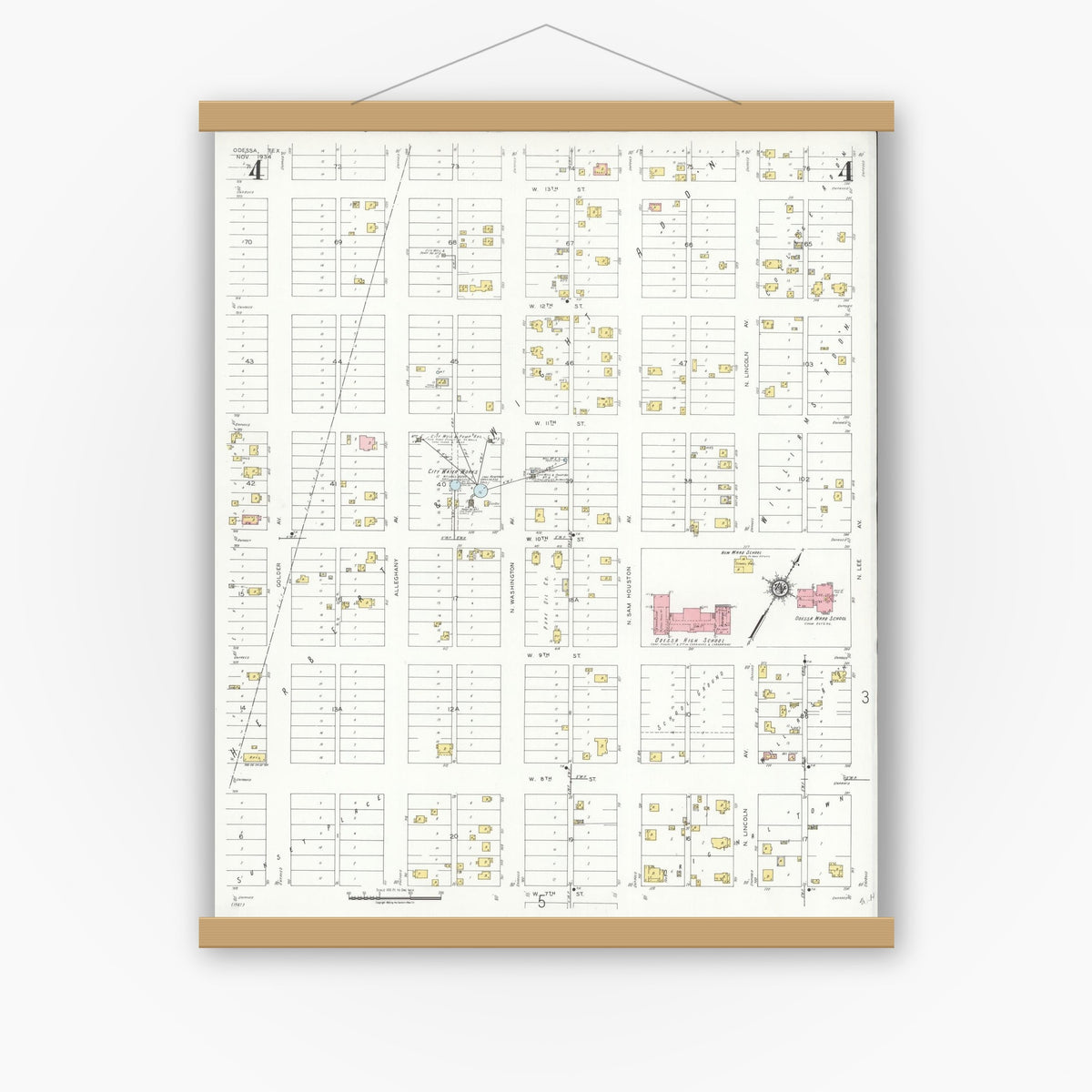 Old map wall art mockup — magnetic wood frame on white wall — Sanborn Fire Insurance Map from Odessa, Edger County, Texas (1934), Sheet #0004