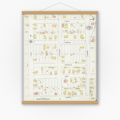 Old map wall art mockup — magnetic wood frame on white wall — Sanborn Fire Insurance Map from Macon, Macon County, Missouri (1902), Sheet #0003