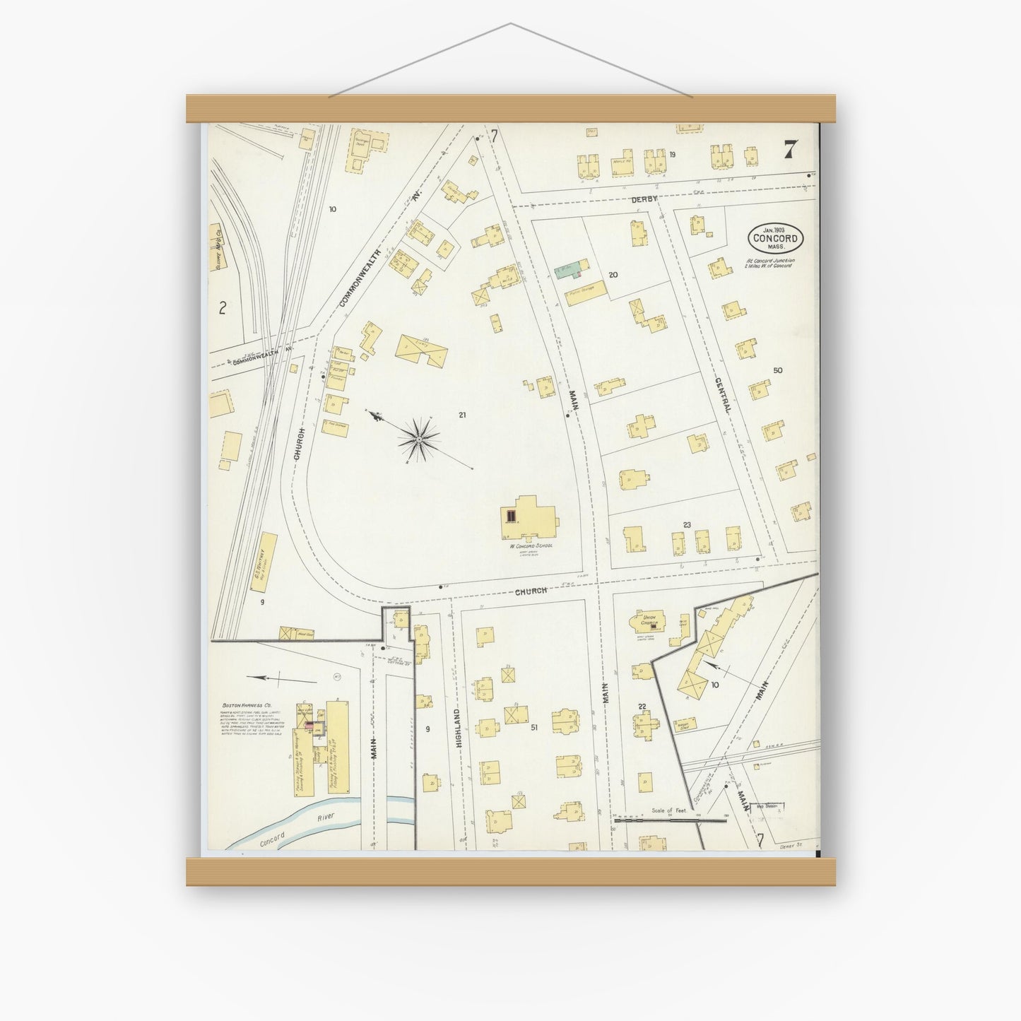 Old map wall art mockup — magnetic wood frame on white wall — Sanborn Fire Insurance Map from Concord, Middlesex County, Massachusetts (1903), Sheet #0007