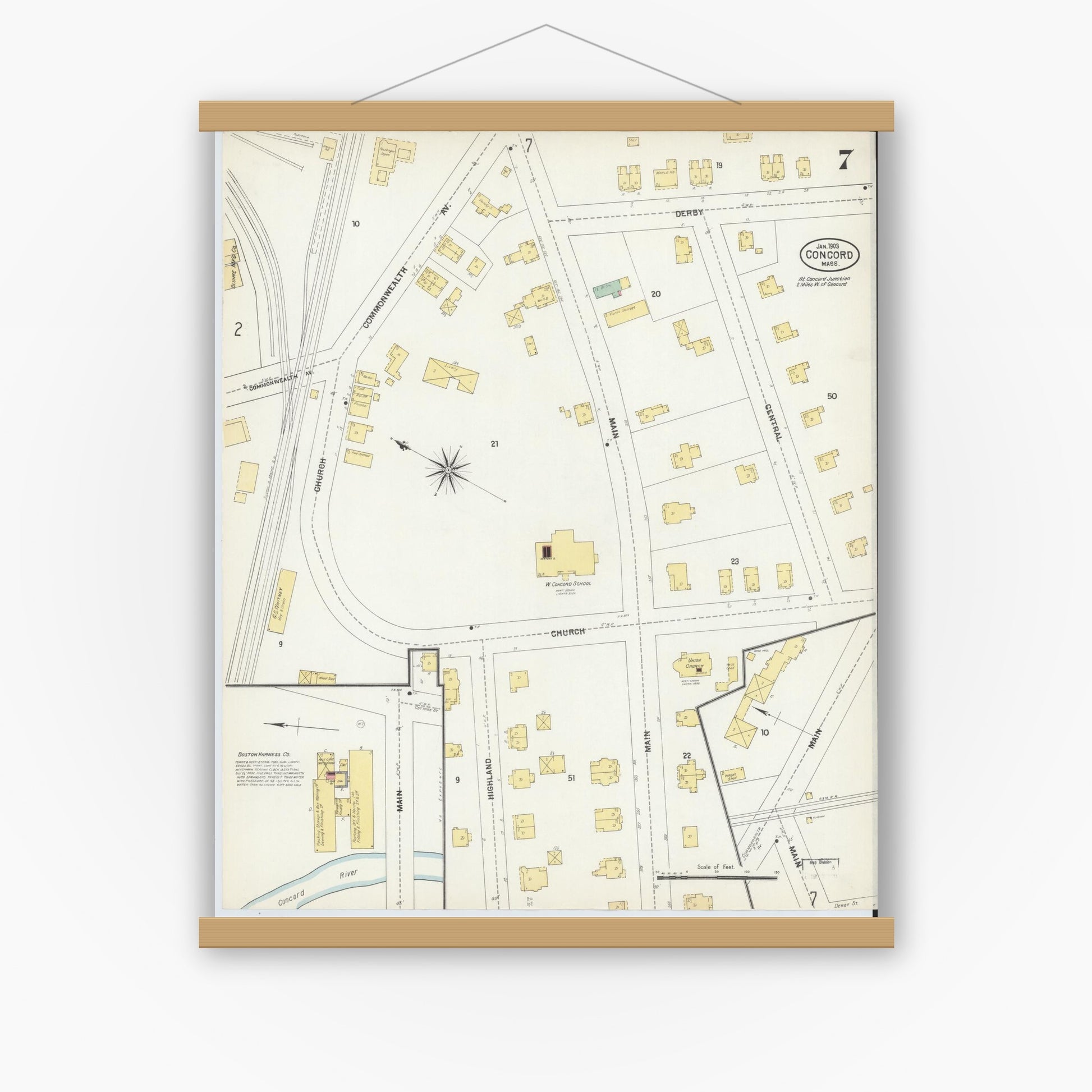 Old map wall art mockup — magnetic wood frame on white wall — Sanborn Fire Insurance Map from Concord, Middlesex County, Massachusetts (1903), Sheet #0007
