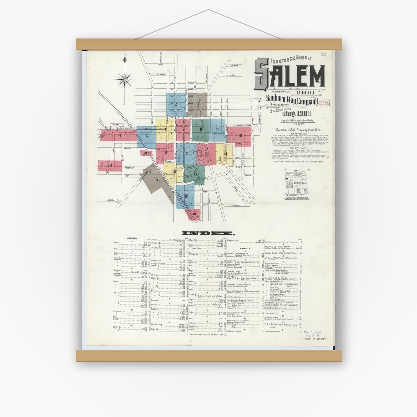 Old map wall art mockup — magnetic wood frame on white wall — Sanborn Fire Insurance Map from Salem, Columbiana County, Ohio (1909) - Complete Map Set