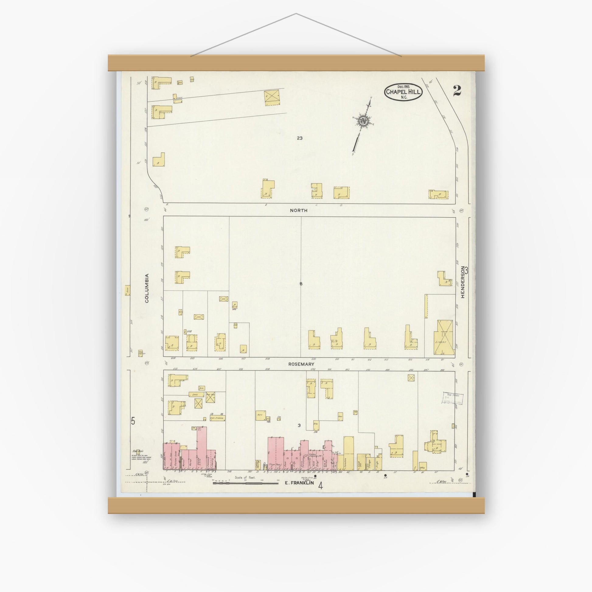 Old map wall art mockup — magnetic wood frame on white wall — Sanborn Fire Insurance Map from Chapel Hill, Orange County, North Carolina (1915), Sheet #0002