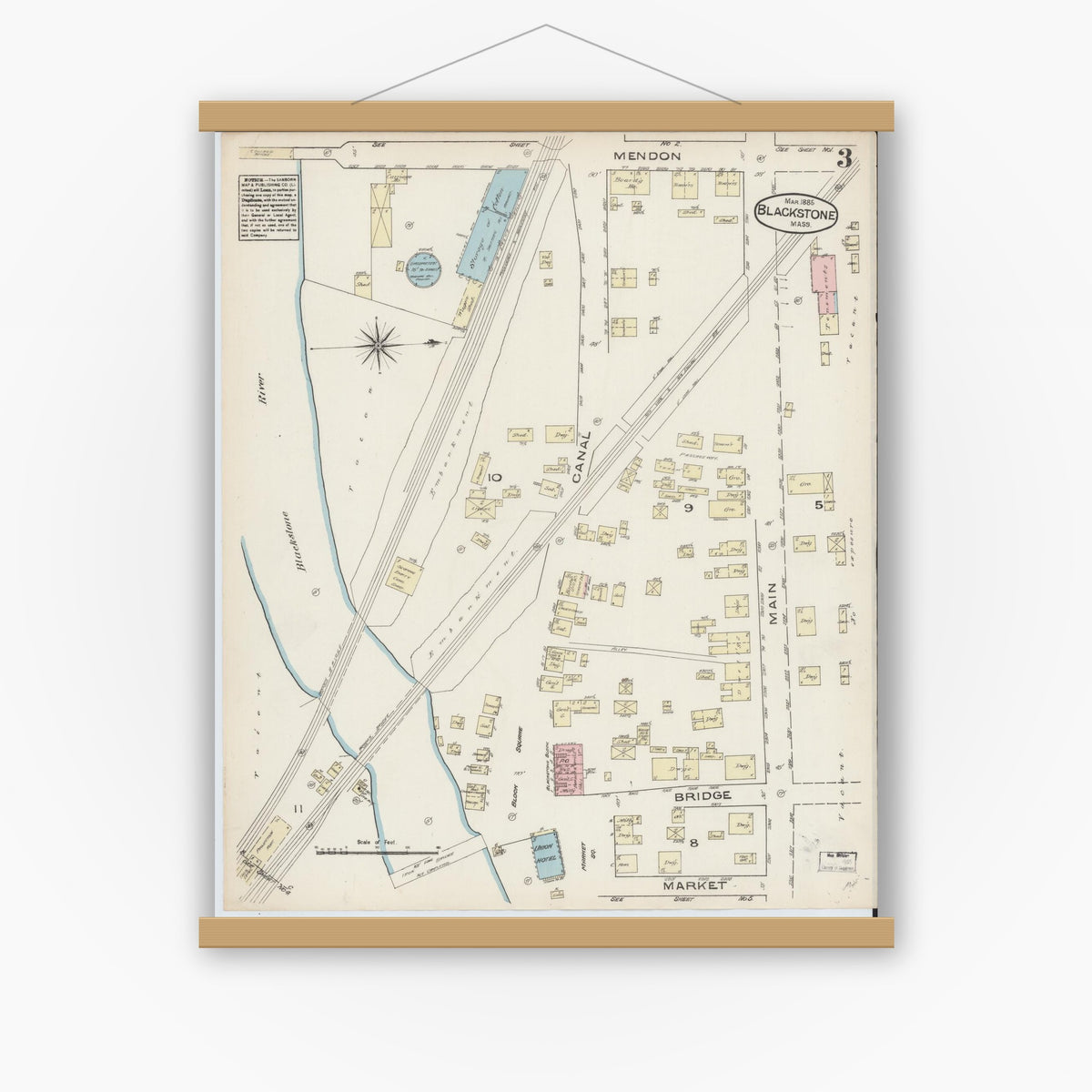 Old map wall art mockup — magnetic wood frame on white wall — Sanborn Fire Insurance Map from Blackstone, Worcester County, Massachusetts (1885), Sheet #0003