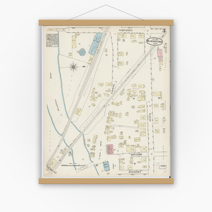 Old map wall art mockup — magnetic wood frame on white wall — Sanborn Fire Insurance Map from Blackstone, Worcester County, Massachusetts (1885), Sheet #0003