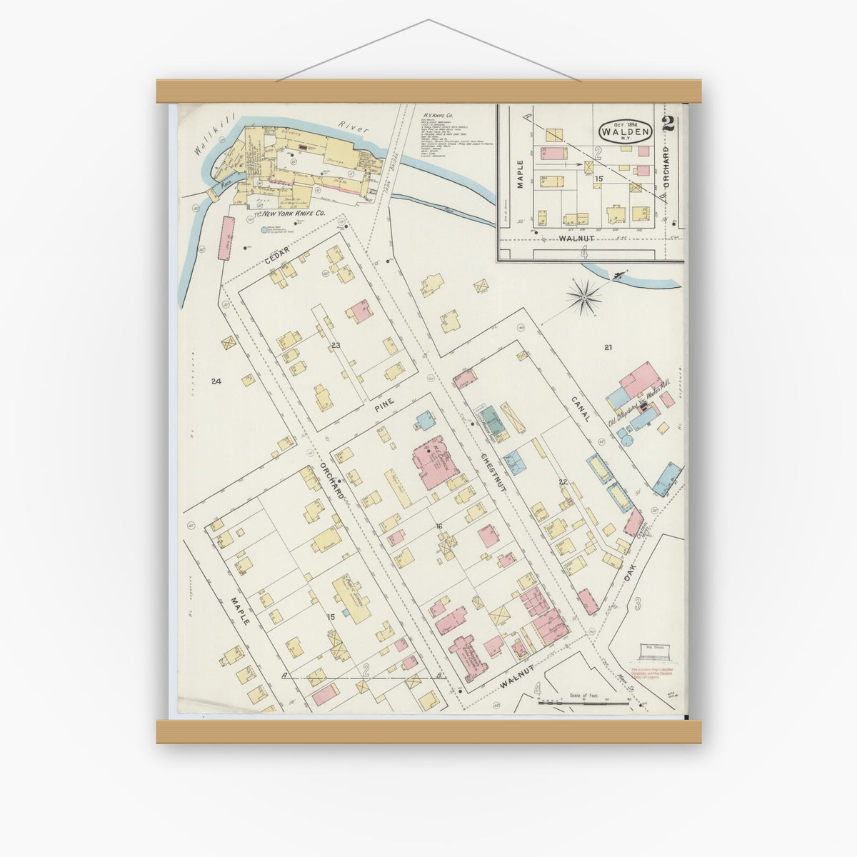 Old map wall art mockup — magnetic wood frame on white wall — Sanborn Fire Insurance Map from Walden, Orange County, New York (1894), Sheet #0002