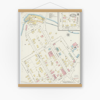 Old map wall art mockup — magnetic wood frame on white wall — Sanborn Fire Insurance Map from Walden, Orange County, New York (1894), Sheet #0002
