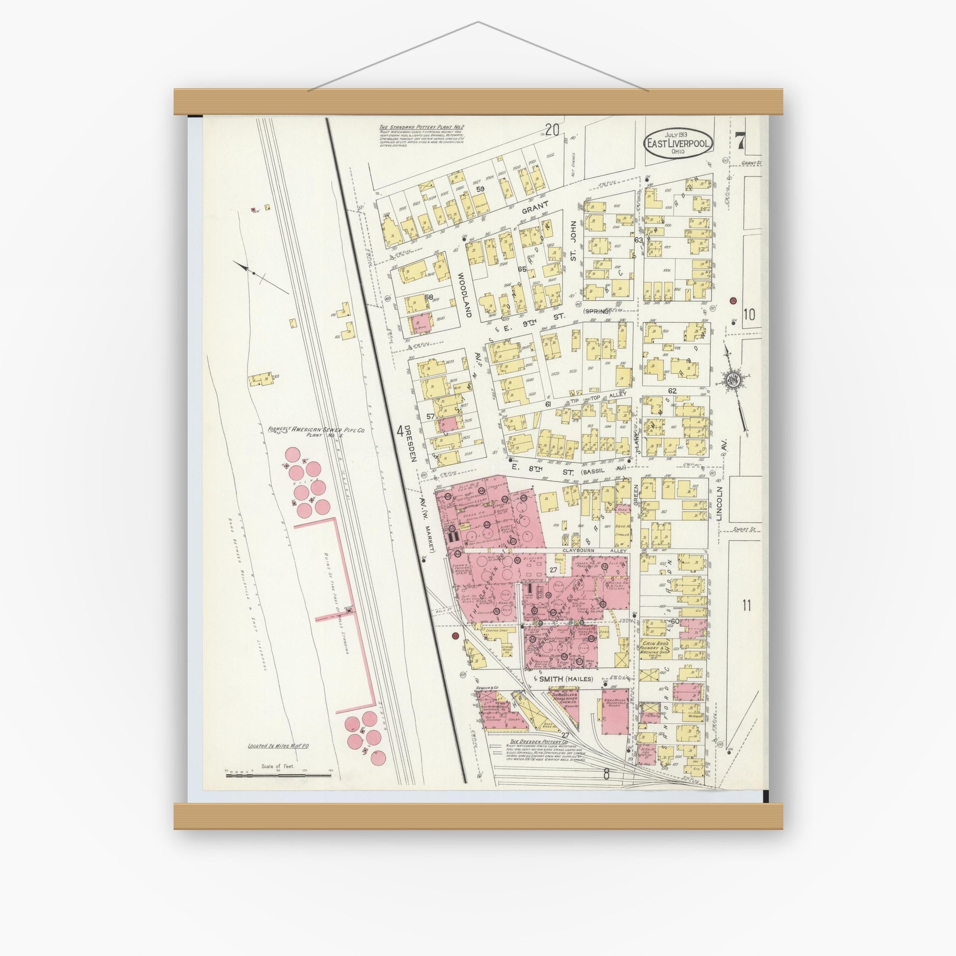 Old map wall art mockup — magnetic wood frame on white wall — Sanborn Fire Insurance Map from East Liverpool, Columbiana County, Ohio (1913), Sheet #0007