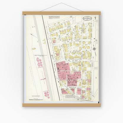 Old map wall art mockup — magnetic wood frame on white wall — Sanborn Fire Insurance Map from East Liverpool, Columbiana County, Ohio (1913), Sheet #0007