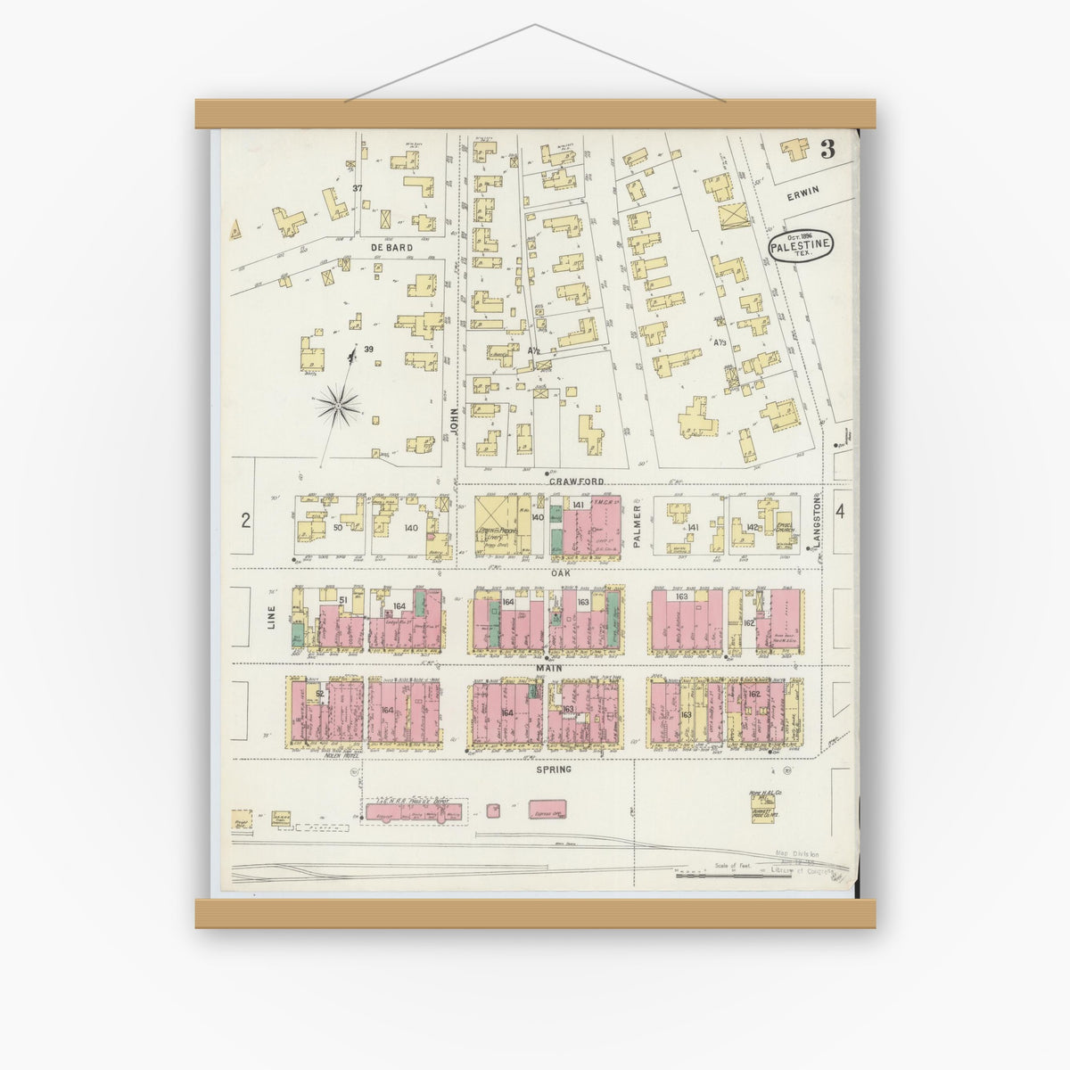 Old map wall art mockup — magnetic wood frame on white wall — Sanborn Fire Insurance Map from Palestine, Anderson County, Texas (1896), Sheet #0003