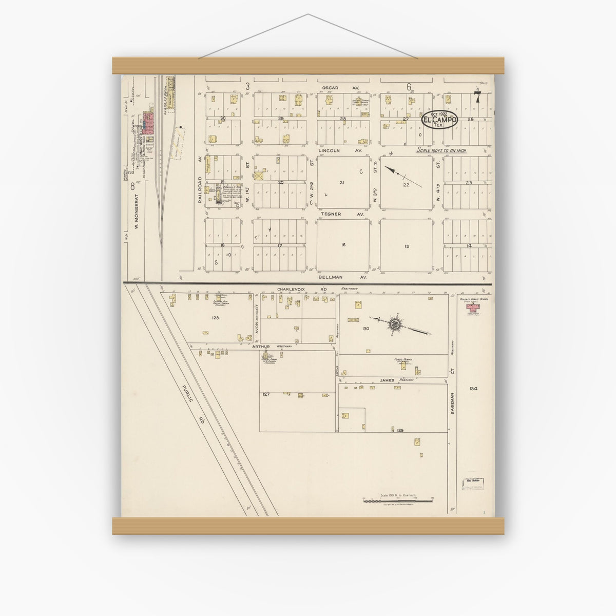 Old map wall art mockup — magnetic wood frame on white wall — Sanborn Fire Insurance Map from El Campo, Wharton County, Texas (1922), Sheet #0007