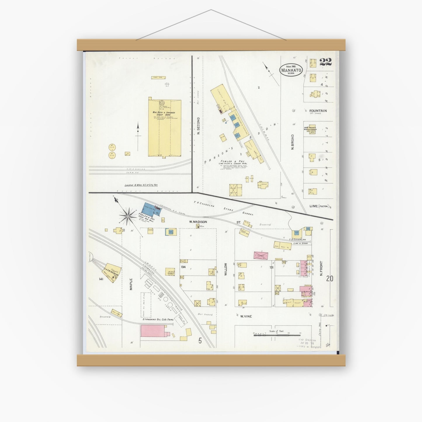 Old map wall art mockup — magnetic wood frame on white wall — Sanborn Fire Insurance Map from Mankato, Blue Earth County, Minnesota (1908), Sheet #0022