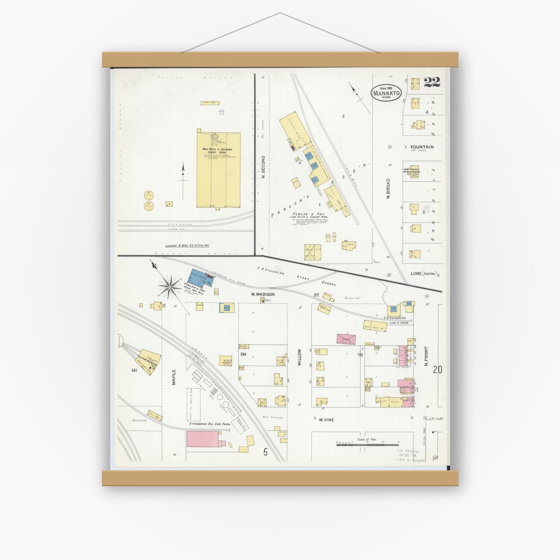 Old map wall art mockup — magnetic wood frame on white wall — Sanborn Fire Insurance Map from Mankato, Blue Earth County, Minnesota (1908), Sheet #0022